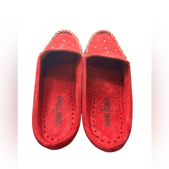 Minnetonka Red Suede Driving Moccasins | Size 8 | Pearl-Studded Slip-On Loafers - Picture 5 of 8